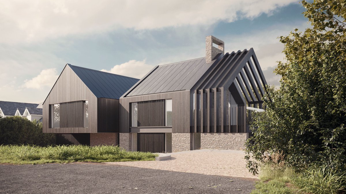 WEST VIEW. 
New #ContemporaryHouse designed by #LewandowskiArchitects in #Oxfordshire, cladded in #CharredTimber panels elegantly juxtaposed on a plinth of natural stone. #architecture #DreamHome #Ecoluxury QuietLuxury #OxfordshireArchitecture #RIBA #Architects