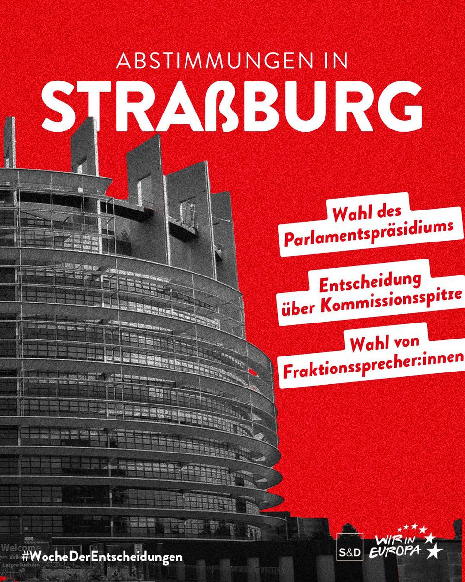 Auf geht’s nach Straßburg!
Das EU-Parlament kommt ab morgen für die konstituierende Sitzung zusammen. Wichtigste Entscheidungen:

🗳️ Wahl der Parlamentsspitze; u.a. Präsidentin, Vizepräsidenten 
🇪🇺Entscheidung über Kandidatur von VdL für Kommissionspräsidentschaft am Donnerstag👇
