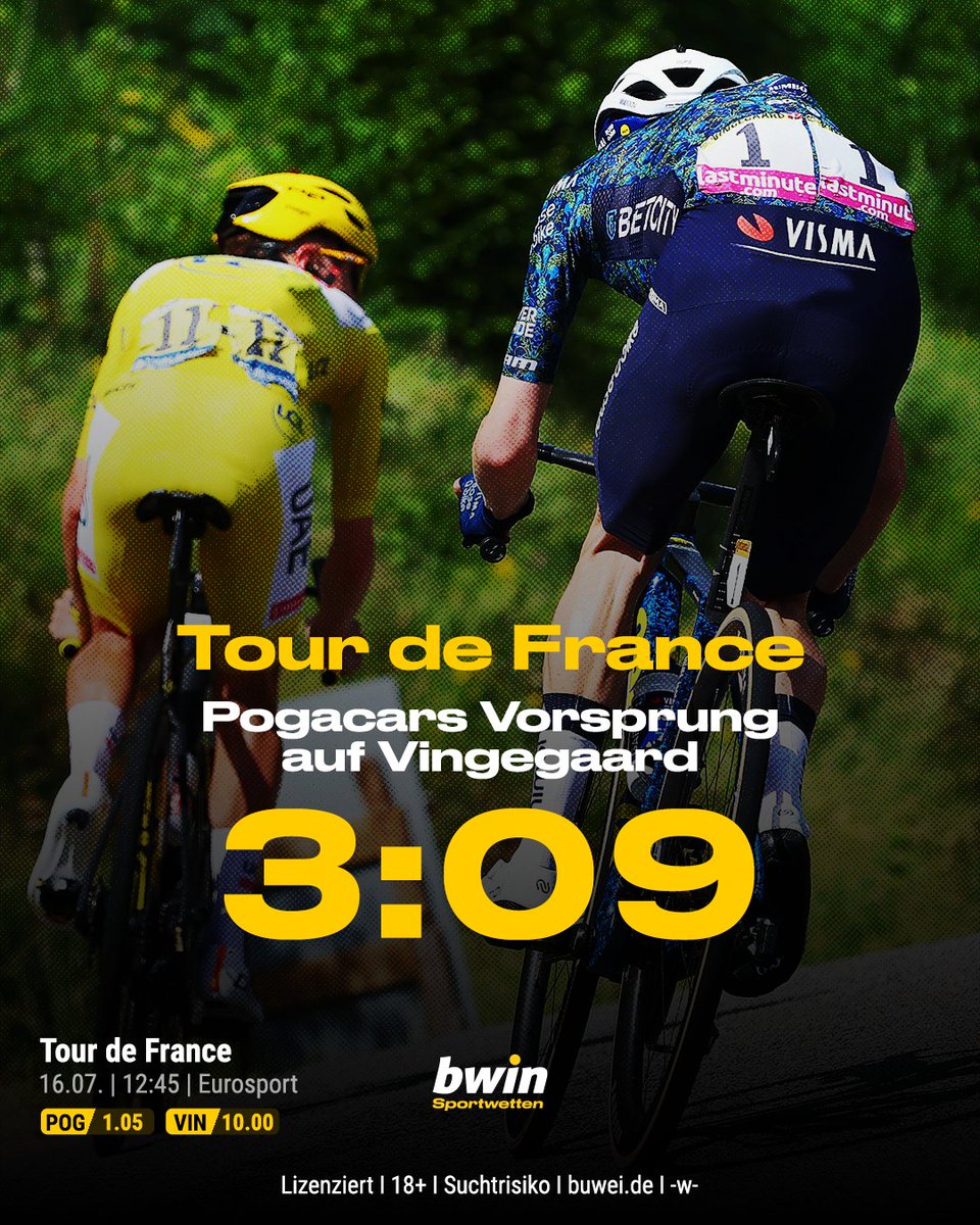 bwin_de's tweet image. Wer gewinnt die #TourdeFrance? Vor dem Start in die 3. Woche hat #Pogi einen satten Vorsprung auf #Vingegaard ⏱🔥 Dem Titelverteidiger bleiben vor allem ein Einzelzeitfahren und das Hoffen auf ein Wunder 🙏 #Wetten 👉 bit.ly/4eYJ8UZ