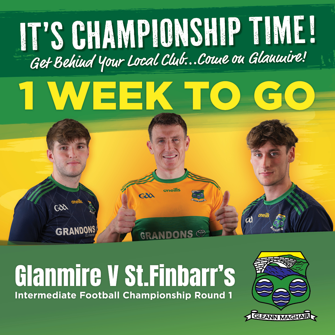 📅 Just 1 week to go until our FIRST GAME OF CHAMPIONSHIP!

🔥 Join us as we take on St. Finbarr's on Sunday the 28th of July in the Intermediate Football Championship Round 1 ⚔️

📍 Venue:  St. Vincents
🕦 Throw in 7.30pm

Best of luck lads 🤞 Glanmire Abú!