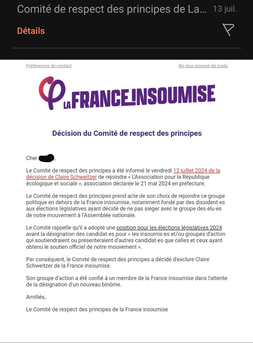 SchweitzerClair's tweet photo. J'apprends par un camarade que j'ai moi aussi été purgée de LFI. Sans ménagement, sans procédure, sans contradictoire et sans fondement légitime. Sans même m'en informer, encore moins me prévenir.

Ce mail de la Direction de LFI relatant mon exclusion a été envoyé en masse à des dizaines de militants locaux, mais rien ne m'a été adressé.

Mon crime : avoir rejoint une association fondée par d'autres insoumis-es déjà purgé-es, dont le but est de participer à l'union de la gauche.

La vraie raison : avoir dénoncé en interne ces deux dernières années les dérives autoritaires, sectaires et anti-féministes, depuis l'affaire Quatennens et le verrouillage du mouvement.

En 2017 j'ai rejoint un mouvement qui promettait de renouveler les pratiques politiques, ouverture et démocratie. Je laisse un mouvement fermé autour d'une Direction qui ne tolère aucune contradiction.