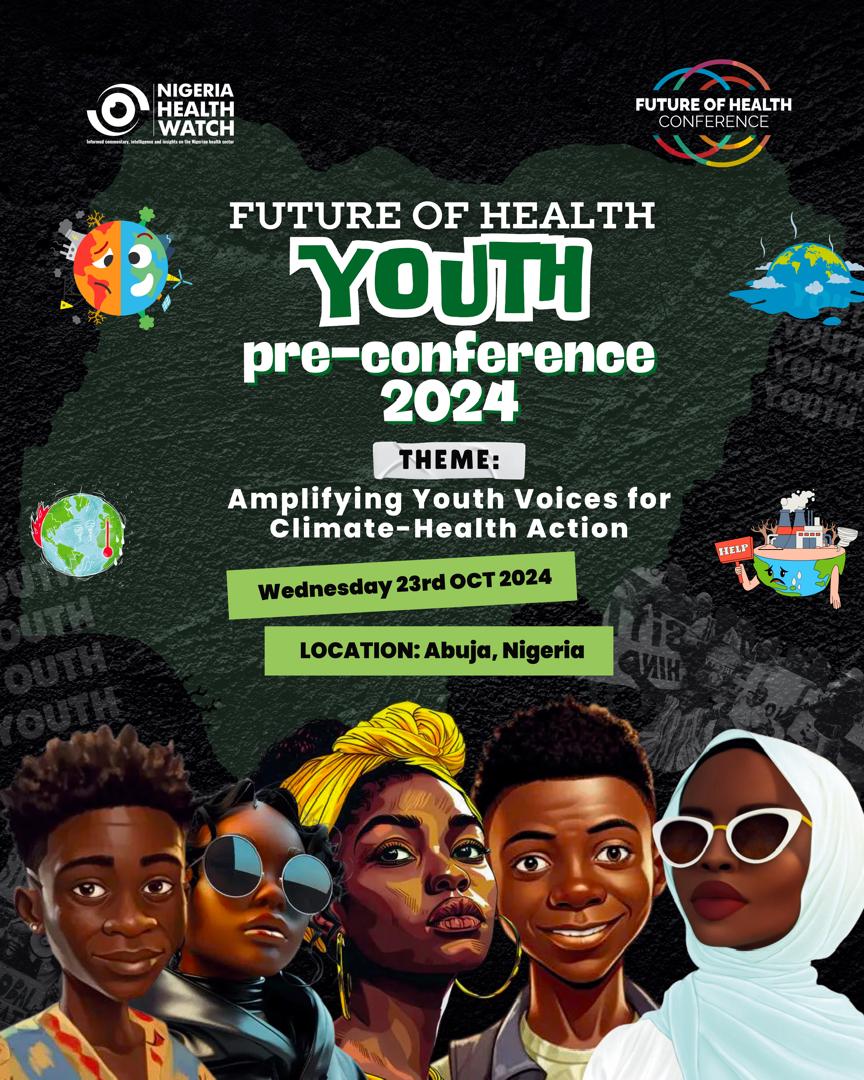 nighealthwatch's tweet photo. The Future of Health Youth Pre-Conference is happening in October! Are you ready? 

Tell us: How are YOU fighting climate change locally? Share your brilliant ideas in the comment section
#ClimateHealthNexusNG #Y4CActionsNG https://t.co/eLlMUUmVNz