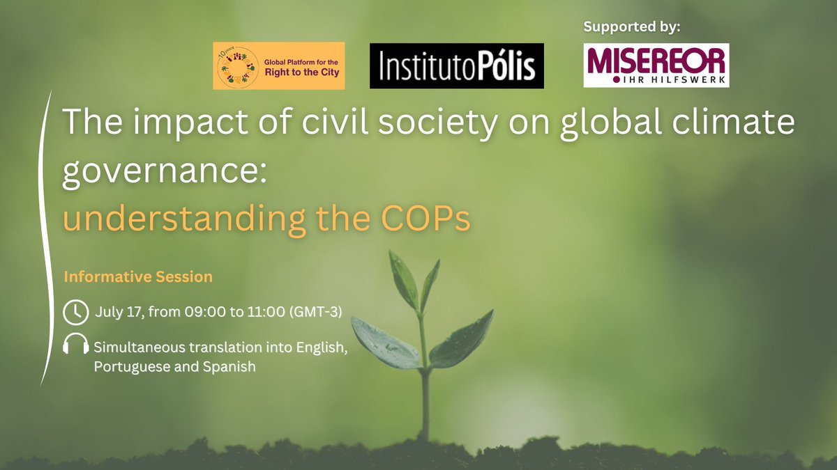 Habitat International Coalition - HIC (@habitat_intl) on Twitter photo 🌍🌱🗣️Why do we want to influence the global climate debate? How can civil society influence #COP30?
These questions will be addressed during this interesting session organized by the <a href="/Right2CityGP/">#RightToTheCity Global Platform</a> & <a href="/institutopolis/">Instituto Pólis</a>
📆July 17
⏰9h GMT-3
🔗Registrations right2city.org/events/the-imp… 🌍🌱🗣️Why do we want to influence the global climate debate? How can civil society influence #COP30?
These questions will be addressed during this interesting session organized by the <a href="/Right2CityGP/">#RightToTheCity Global Platform</a> & <a href="/institutopolis/">Instituto Pólis</a>
📆July 17
⏰9h GMT-3
🔗Registrations right2city.org/events/the-imp…