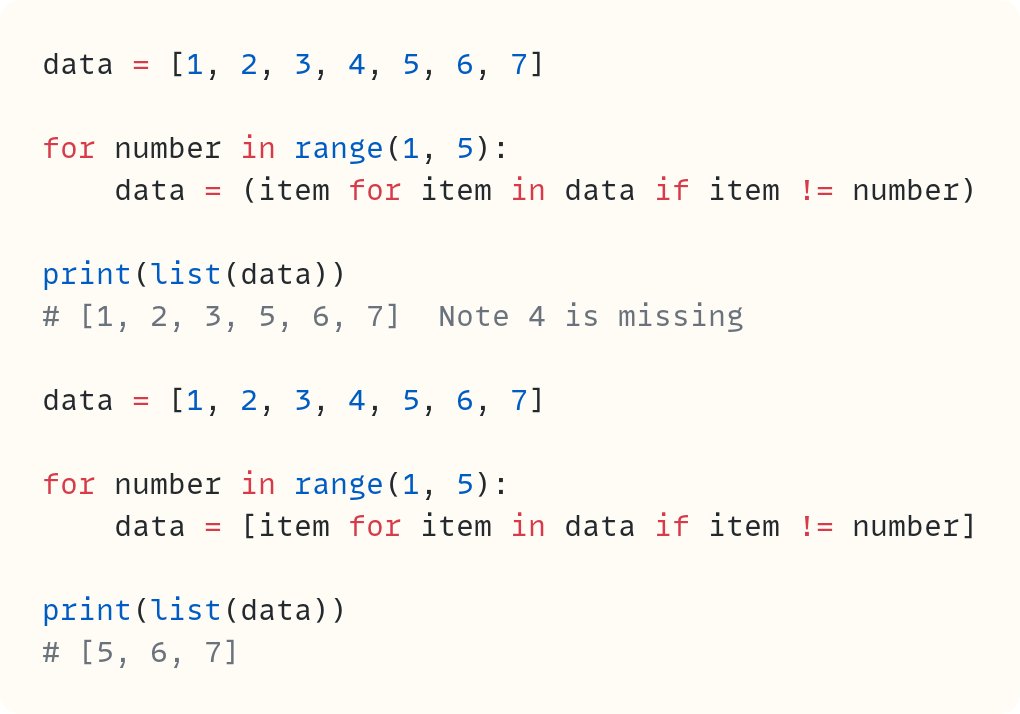 Here's an interesting Python brainteaser that came from a member asking a question on The Python Coding Place forum…

Can you figure out why the outputs are the way they are for these two similar but not identical bits of code?

The answer gives a great insight on iterators…