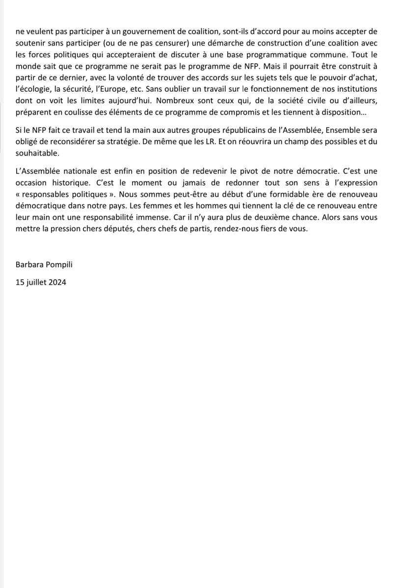 Barbara Pompili (@barbarapompili) on Twitter photo Un gouvernement Ensemble-LR.
C’est ce vers quoi nous emmènent toutes les forces politiques représentées à l’Assemblée nationale.
Est-ce vraiment la seule solution viable ?
Sans vous mettre la pression chers députés, chers chefs de partis, rendez-nous fiers de vous… Un gouvernement Ensemble-LR.
C’est ce vers quoi nous emmènent toutes les forces politiques représentées à l’Assemblée nationale.
Est-ce vraiment la seule solution viable ?
Sans vous mettre la pression chers députés, chers chefs de partis, rendez-nous fiers de vous…