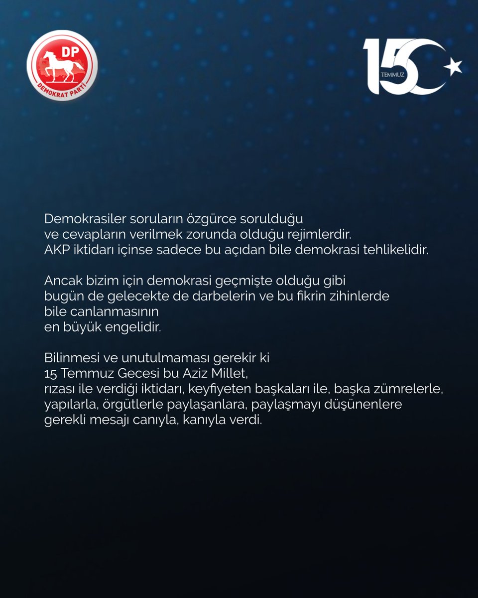 DpGultekinUysal's tweet photo. 2002'den bu yana türlü hata ve kusurlarının, hatta kasıtlarının maliyetini Milletimize ödetmeye alışmış AKP iktidarının, şahsi hesaplarla alan açtığı, devletin her kademesinde yuvarlanmasına razı geldiği FETÖ TERÖR ÖRGÜTÜNÜN darbe girişiminin üzerinden 8 yıl geçti.

AKP iktidarı, geride kalan bu sekiz yılı, darbelerin panzehirinin daha fazla demokrasi olduğunu bir kenara bırakıp gücü tekeline almak için bu meşum hadiseyi bahane ederek Milletin ve Millet adına yanlışa yanlış diyenin hayat sahasını daraltarak geçirdi.

Yıllar boyu iktidar yetkileri ile FETÖ'nün imkanlarını trampa ederek 15 Temmuz Darbe Girişiminin müteselsilen sorumlusu olmuş bu iktidar ne gariptir ki türlü ayak oyunları, oyalamalar ile 'siyasi ayağın' bulunmasına dair her türlü girişimi de bertaraf etti.

Daha da acısı AKP iktidarı önce 'olağanüstü hâl' diyerek, sonrasında da alenen 'hamd' ederek bir melun sürüsünün devleti ele geçirme gayretini gücünü tahkim etmek için nimet bildi.

Demokrasiler soruların özgürce sorulduğu ve cevapların verilmek zorunda olduğu rejimlerdir. AKP iktidarı içinse sadece bu açıdan bile demokrasi tehlikelidir.

Ancak bizim için demokrasi geçmişte olduğu gibi bugün de gelecekte de darbelerin ve bu fikrin zihinlerde bile canlanmasının en büyük engelidir.

Bilinmesi ve unutulmaması gerekir ki 15 Temmuz Gecesi bu Aziz Millet, rızası ile verdiği iktidarı, keyfiyeten başkaları ile, başka zümrelerle, yapılarla, örgütlerle paylaşanlara, paylaşmayı düşünenlere gerekli mesajı canıyla, kanıyla verdi.

Sekizinci yılında vesilesiyle bir kez daha o gün canını, kanını, bedenini, hayatını ülkemizin kazanımları için, istiklâl ve istikbal için siper eden Aziz Şehitlerimizi rahmetle anıyor, cesaretle darbeci hainlere direnen Gazilerimize şükran ve minnetlerimi sunuyorum.

Ve bir kez daha hatırlatmakta fayda görüyorum; darbelerin panzehiri daha fazla demokrasi, darbe fikrinin panzehiri ise soran ve cevap alan bir düzendir.

Bir kez daha 15 TEMMUZ FETÖ DARBE TEŞEBBÜSÜ içersinde bulunan tüm darbecileri lanetliyor, bir daha yaşanmaması için ders alınmasını temenni ediyorum.