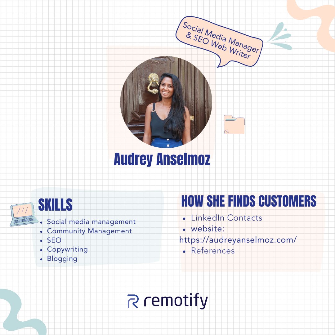 remotifyco's tweet photo. Meet Audrey Anselmoz: a freelance social media manager and SEO writer.
In our interview, we asked Audrey about her freelancer career. She also gave some tips for freelancers too❗
To learn more about her, you can visit our blog https://t.co/lhC00LCIEy https://t.co/3yJ1OxzzzK
