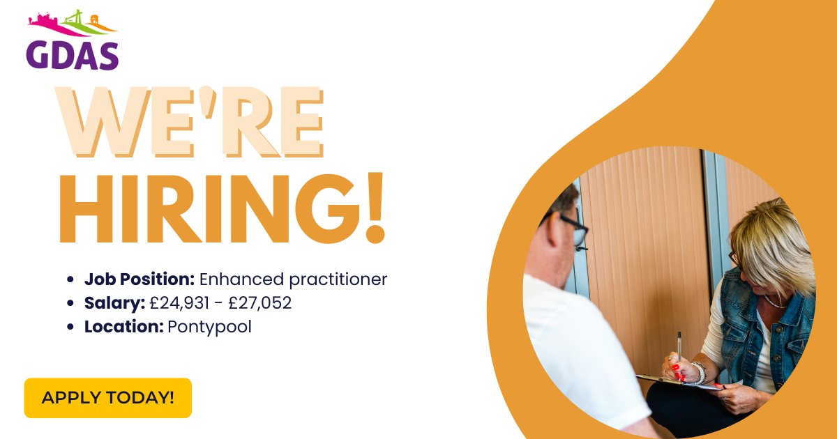 Join our team!

💼 Job position: Enhanced practitioner
💷 Salary: £24,931 - £27,052
📍 Location: Pontypool
📅 Closing date: 26/07/2024

For more information and to check out other job opportunities, click here 👉gdas.wales/volunteer-with…