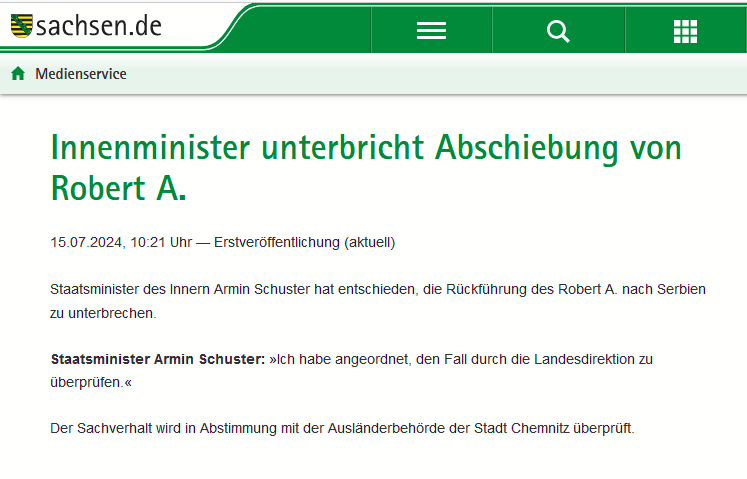 Schmanle's tweet photo. #RobertBleibt vorerst...
Innenminister unterbricht Abschiebung von Robert A. und hat angeordnet "den Fall" durch die Landesdirektion prüfen zu lassen. #DD1507 https://t.co/vz8JEYPNHT