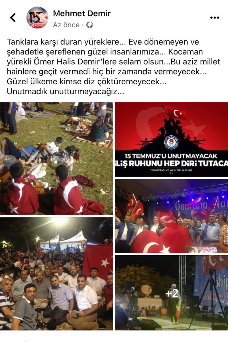 MehmetDemirEBS's tweet photo. "15 Temmuz, milletin, milli iradenin, demokrasiye gönül verenlerin zaferidir.
15 Temmuz hakkın batıla, adaletin zulme, galip gelmesinin adıdır.

Milletimiz 15 Temmuz’daki direnişi ile hem bir darbe girişimini püskürtmüş hem de ülkemizi teslim almayı hedefleyen bir işgal teşebbüsünü engellemiştir.

Bu millet Türkiye’nin geçilmez olduğunu tüm dünyaya bir kez daha göstermiş oldu.
Sadece coğrafyaların değil, tarihin de kesişim noktasında bulunan ülkemizin, var olması için yüksek bir bilinçle sürekli uyanık olmamız gerektiğini,15 Temmuz darbe ve işgal girişimiyle daha iyi anladık.

Şer odaklarına, Haçlı-Siyonist emperyalistlerle iş tutan ihanet çetelerine karşı, milletimizin şehadeti göze alan, ölümüne direnişi her türlü takdirin üstünde bir övgüyü hak etmiştir.

Kendi irade ve özgürlüğüne cesur bir kararlılıkla sahip çıkarak tüm dünyaya ve mazlum milletlere örnek olan milletimizin bu asil duruşu, eriştiğimiz yüksek şuur seviyesini göstermesi bakımından anlamlıdır.

FETÖ’nün 15 Temmuz hain kalkışmasına karşı;
Milli duygular etrafında devlet ve milletin sarsılmaz kararlılıkla kenetlenip karşı koymasıyla püskürtülmüştür.
Direnişle karşı koyduğumuz sürecin dirilişe dönüşmesi toplumda bir ruh yenilenmesine yol açmıştır. Milli, manevi duygular, Ezan,vatan,millet,bayrak motiflerinin birleştirici değerlerin üst kimliği yeniden ve daha sağlam inşa olmuştur.

Diğer taraftan, milletimiz bütün kurgu ve kumpasları bozarak hainlere feci bir hezimet yaşatmıştır.
Ne yazık ki her fırsatta dostumuz olduğunu söyleyen sözüm ona demokrasi savunucuları, özellikle batılı dış odakların sözcüleri, soğuk bir şaşkınlıkla darbeyi kınayıcı beyanat bile veremediler.

FETÖ terör örgütünün darbe girişimi sırasında 241 kardeşimiz şehit olmuş, 1500‘ü aşkın kardeşimizde yaralanarak gazi olmuştur.

Kirli ellerin hiç bir zaman kazanamayacağına inancımız tamdır!..

Biz güçlü ve büyük TÜRKİYE’yiz Allah’ın izni ile hiç bir zaman diz çökmedik çökmeyeceğiz inşallah.

Şehitlerimize Allah'tan rahmet, şehit yakınlarına başsağlığı, gazilere sağlık ve afiyet niyaz ederim.

Türkiye geçilmez; diyerek, istiklaline ve istikbaline sahip çıkan milletimize bir daha 15 Temmuz hain darbe girişimi yaşatmasın inşallah.