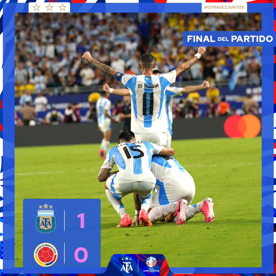Argentina's tweet image. 🏆 #CopaAmérica

⚽ @Argentina 🇦🇷 1 (Lautaro Martínez) 🆚 #Colombia 🇨🇴 0
 
👉 ¡Final del partido!
