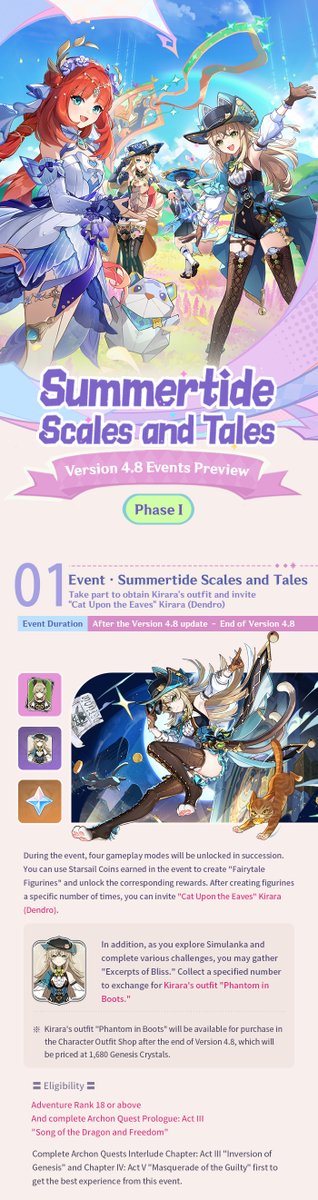 GenshinImpact's tweet photo. "Summertide Scales and Tales" Version 4.8 Events Preview - Phase I

Hello, Traveler~ Version 4.8 is coming! Let's take a look at what kind of events will be in this new Version update~

See more details here: https://t.co/SG5fH26Aax

#GenshinImpact #GenshinImpact4ꓸ8 https://t.co/A95CLO1ZQF
