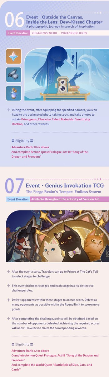 GenshinImpact's tweet photo. "Summertide Scales and Tales" Version 4.8 Events Preview - Phase I

Hello, Traveler~ Version 4.8 is coming! Let's take a look at what kind of events will be in this new Version update~

See more details here: https://t.co/SG5fH26Aax

#GenshinImpact #GenshinImpact4ꓸ8 https://t.co/A95CLO1ZQF