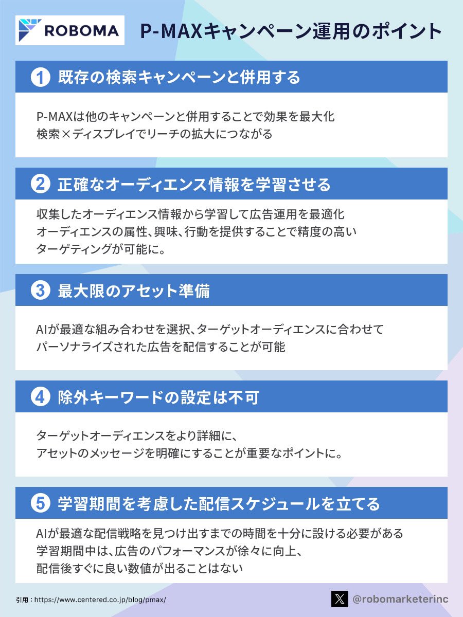 robomarketerinc's tweet photo. 【P-MAXキャンペーン運用のポイント👨🏻‍💻】

①既存の検索キャンペーンと併用する

②正確なオーディエンス情報を学習させる

③最大限のアセット準備

④除外キーワードの設定は不可

⑤学習期間を考慮したスケジュールを立てる

#Roboma https://t.co/Qbrj0ijsa3