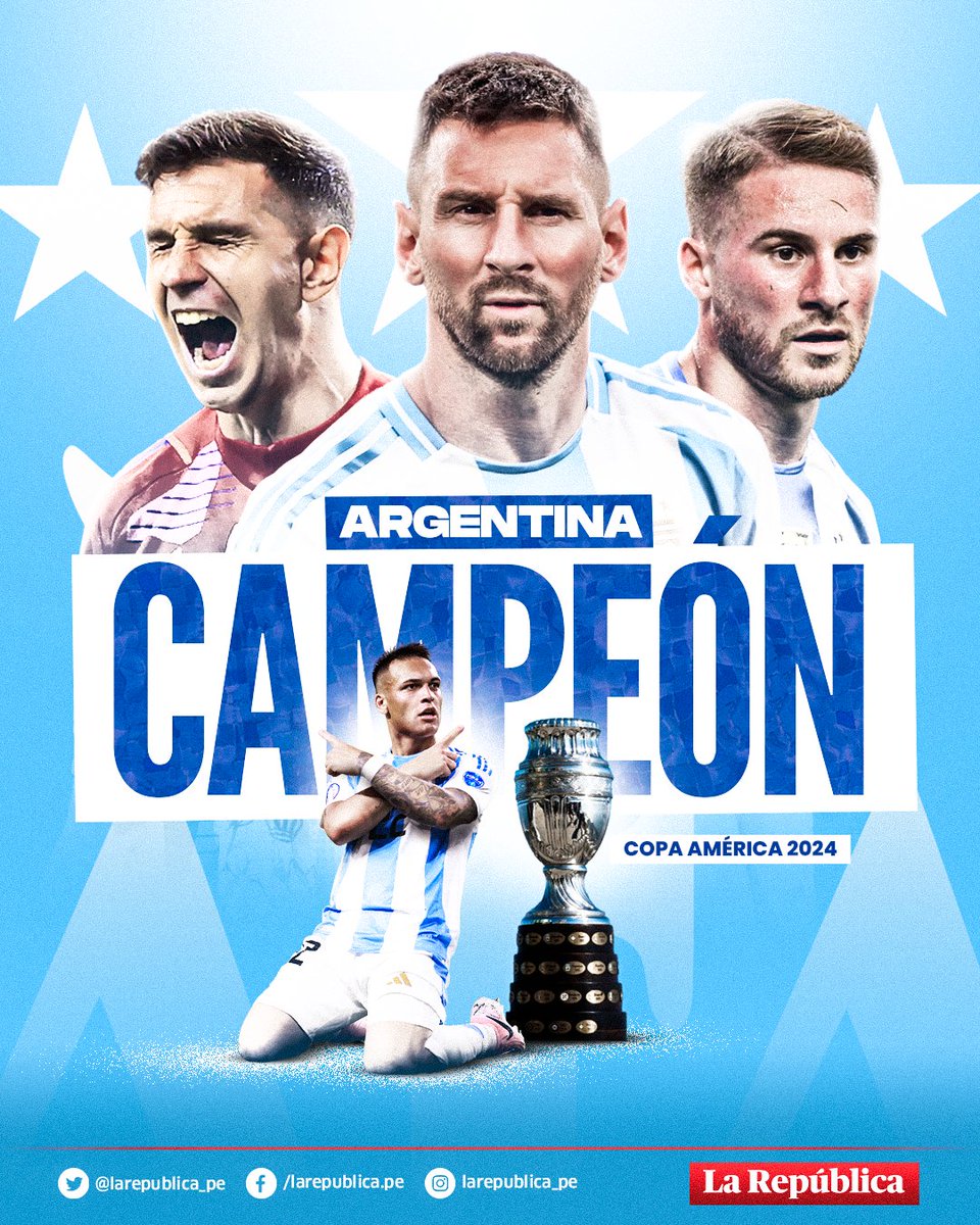 LR_Deportes's tweet photo. ¡Argentina es bicampeona de la Copa América! 🇦🇷 🏆 💥
La Albiceleste, que sufrió la bajada de su capitán Lionel Messi y en el último partido de Ángel Di María, consiguió su estrella número 16 tras vencer a Colombia por la mínima. Revisa aquí el resumen 
▶️ https://t.co/ip74WZqtXQ https://t.co/E6bKPPCEq4