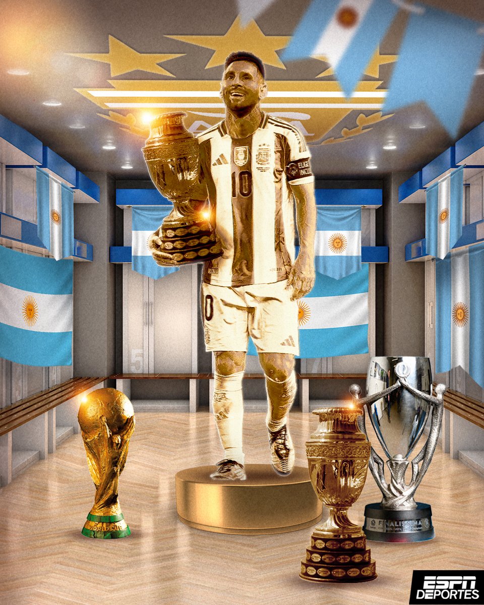 ESPNDeportes's tweet photo. Lionel Messi suma un nuevo título con la Selección Argentina 👏🏆.

- Copa del Mundo 🌎 
- Copa América (2) 🇦🇷 
- Finalissima 🏅 https://t.co/GtMWYqMB2N