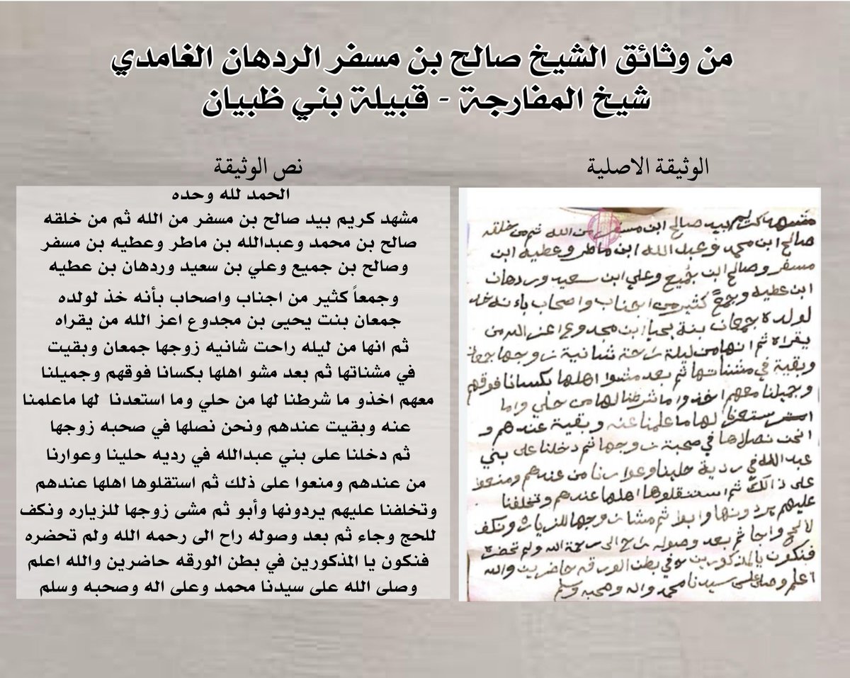 ##السعودية_العظمى_الباحة_المفارجة 
 الحمدلله وحده
من مدونات جدي الشيخ /صالح بن مسفر الردهان
شيخ قرية #المفارجة من بني ظبيان  رحمة الله عليه؛ 
هذه الوثيقه تحكي بين طياتها مشهد كريم بيد الشيخ صالح بن مسفر الردهان