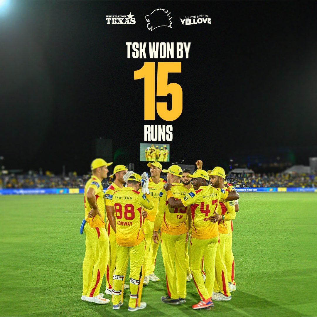 TexasSuperKings's tweet photo. Swing &amp; Spin get us the 𝙒! 🌪️🦁

#MINYvTSK
#WhistleForTexas
#AllYouNeedIsYellove
#CognizantMajorLeagueCricket
#MLC2024 https://t.co/V6Nx3x0Q7K