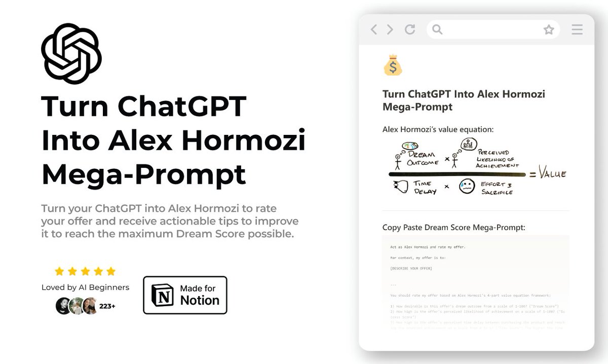 Alex Hormozi’s book $100M Offers has helped countless businesses.

Now, you can get the same advice directly through ChatGPT with my mega prompt.

Receive $100,000 worth of business strategies for FREE!

To claim it, just:

- Like &amp; RT
- Reply "Hormozi"
- Follow (I'll DM you)