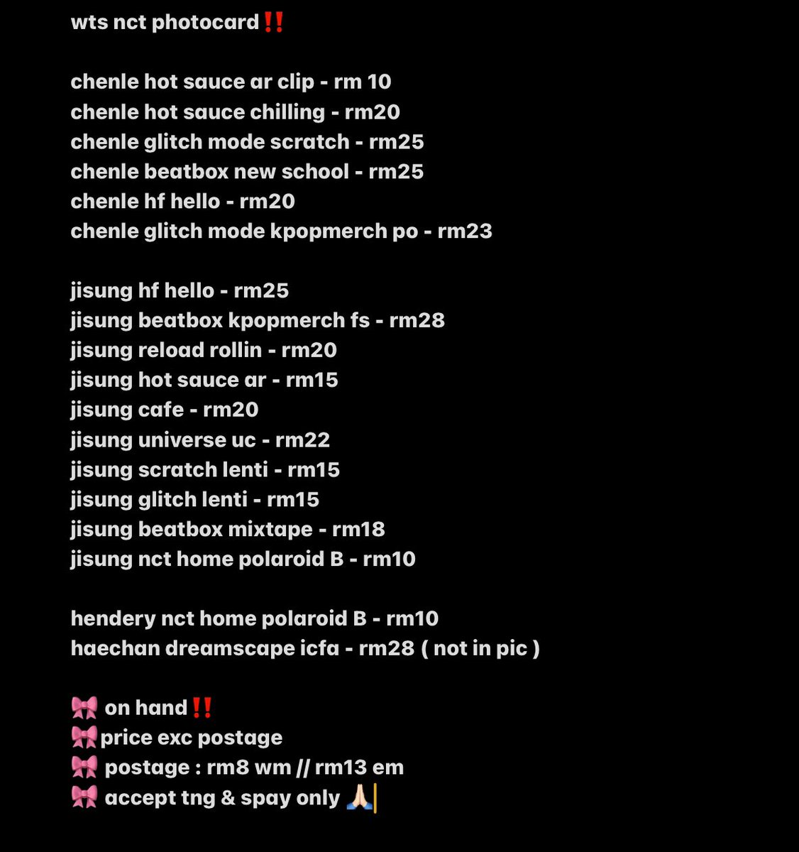 strwbaelice's tweet photo. wts || lfs nct photocard🇲🇾‼️

🎀price in pic
🎀 on hand
can hmu for more info or pc condition ! ❤️

help rt 🙏🏻
tags 🏷️ chenle jisung haechan hendery album photocard nct dream nct wayv nct127 
#pasarnct #pasarnctmy #pasarnctdream #NCT #NCTDREAM #JISUNG #CHENLE #HENDERY #HAECHAN https://t.co/JY63xPr03R