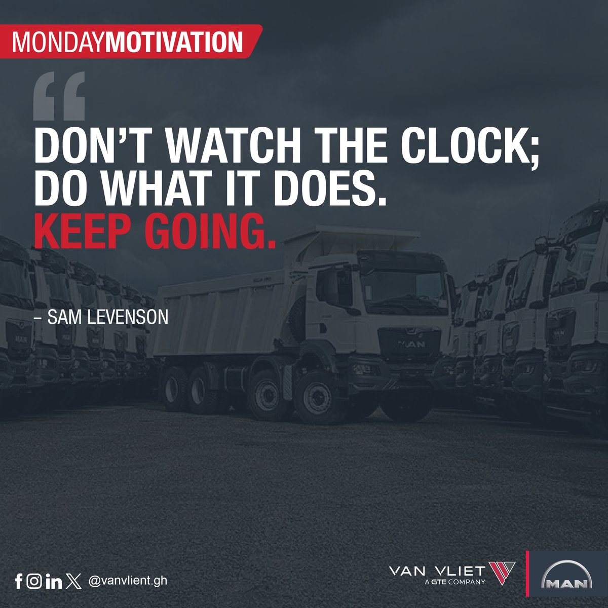 vanvliet_gh's tweet photo. A powerful reminder to stay focused, persistent, and consistent in pursuing our goals regardless. The clock will never stop, and neither should you. "KEEP GOING"

Read more: https://t.co/Eh3fINFrWA

#van_vlietmotivation #mantruckandbus #mantrucks #vanvlietGH #mondaymotivation https://t.co/oMfcPwsJf4