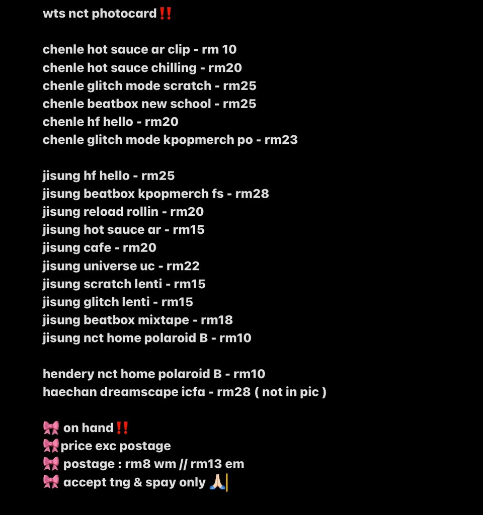 strwbaelice's tweet photo. wts || lfs nct photocard🇲🇾‼️

🎀price in pic
🎀 on hand
can hmu for more info or pc condition ! ❤️

help rt 🙏🏻
tags 🏷️ chenle jisung haechan hendery album photocard nct dream nct wayv nct127 
#pasarnct #pasarnctmy #pasarnctdream #NCT #NCTDREAM #JISUNG #CHENLE #HENDERY #HAECHAN https://t.co/SHEMCzA2Vt