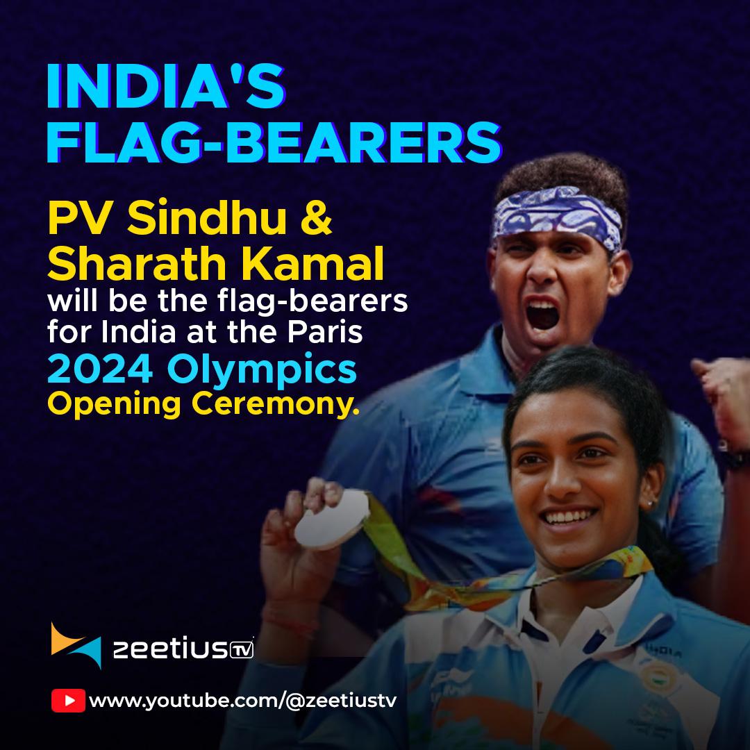 zeetiustv's tweet photo. Ace Shuttle Badminton Player, PV Sindhu &amp; ace table tennis player, Sharath Kamal will be the flag-bearers for India at the Paris 2024 Olympics opening ceremony.

#Zeetius #ZeetiusTV #ZeetiusLive #Olympics #Olympics2024 #Paris2024 @Pvsindhu1 @sharathkamal1 https://t.co/wze6M97JPU