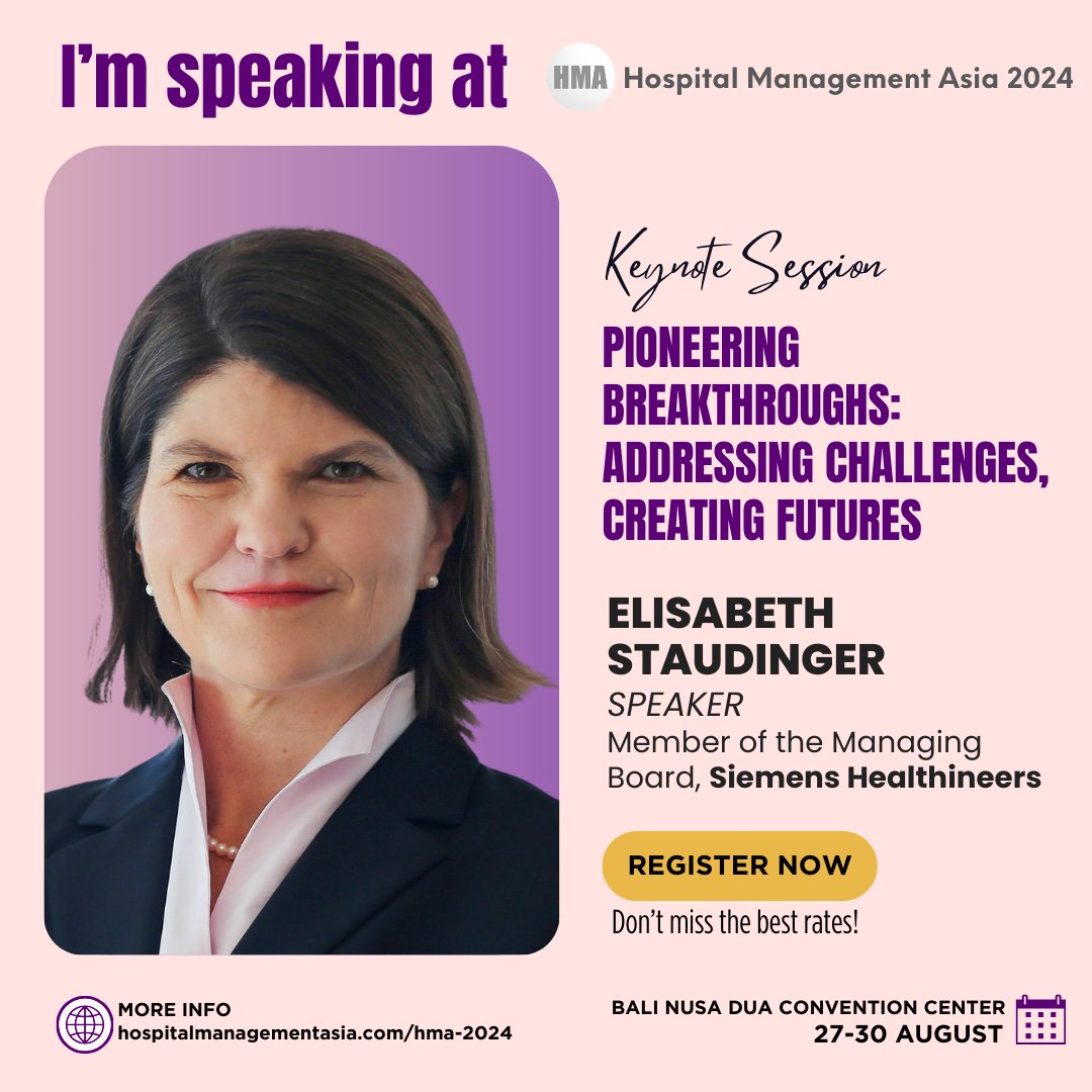 HMAsia's tweet image. 🌟Keynote Session Alert! Join Elisabeth Staudinger from Siemens Healthineers at #HMA2024 as she unveils pioneering breakthroughs: addressing challenges, creating futures. 🌟 Register now: bit.ly/HMA24-register… 🌏 #LeadingThroughChange #HealthcareInnovation #FutureOfHealthcare