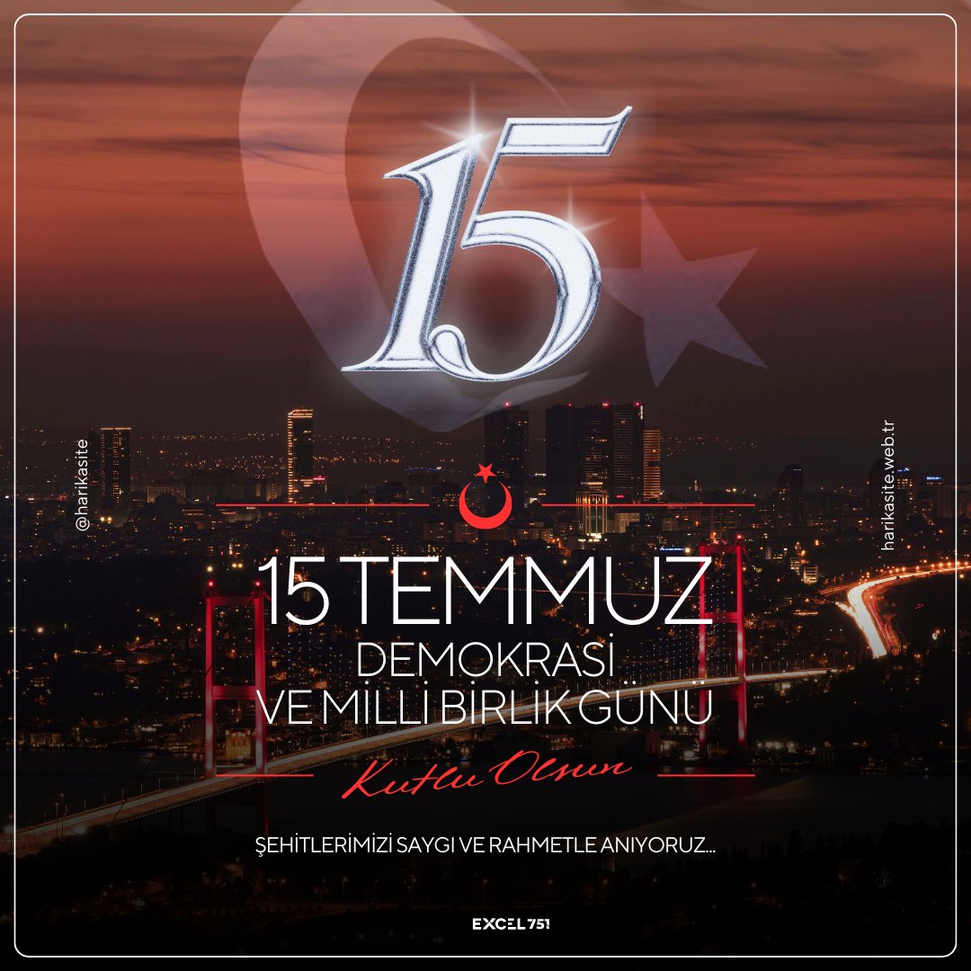 Excel_751's tweet image. 15 Temmuz Demokrasi ve Millî Birlik Günü&apos;nü onurla ve minnetle anıyoruz. Bu anlamlı günde, vatanımızın bağımsızlığı ve demokrasisi için canlarını feda eden şehitlerimizi saygı ve rahmetle yad ediyoruz.

#15Temmuz #DemokrasiVeMilliBirlikGünü #EXCEL751