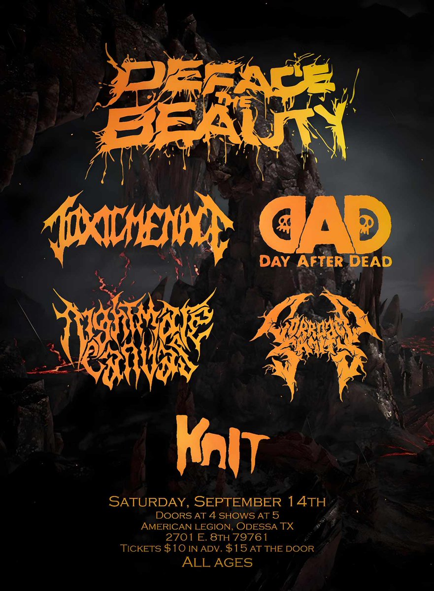 ⚠️SHOW ANNOUNCEMENT ODESSA TX⚠️
We are stoked to be performing September 14th in Odessa, TX alongside our homies in Toxic Menace Day After Dead  Nightmare Canvas Corroded Sanity and Knit at American Legion!