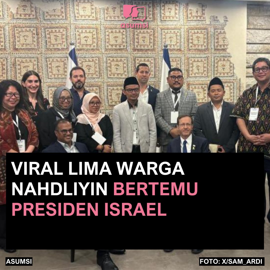 asumsico's tweet photo. Viral di media sosial foto yang memperlihatkan sejumlah tokoh muda NU bersama Presiden Israel, Isaac Herzog. Lima warga NU tersebut adalah Syukron Makmun, Zainul Maarif, Munawar Aziz, Nurul Bahrul Ulum, dan Izza Annafisah Dania. Tidak diketahui persis kapan kunjungan para tokoh muda Nahdliyin tersebut. Menurut Informasi, mereka berada di Israel selama pekan lalu.

Ketua Pengurus Besar Nahdlatul Ulama (PBNU) Savic Ali menyesalkan aksi kelima Nahdliyin itu. Kunjungan tersebut dinilai sebagai tindakan orang yang tak memahami geopolitik, tak mengerti kebijakan NU secara organisasi, serta perasaan seluruh warga NU.

Baca berita selengkapnya! https://t.co/fUlC8xoIFv

#NU #Israel #Asumsico