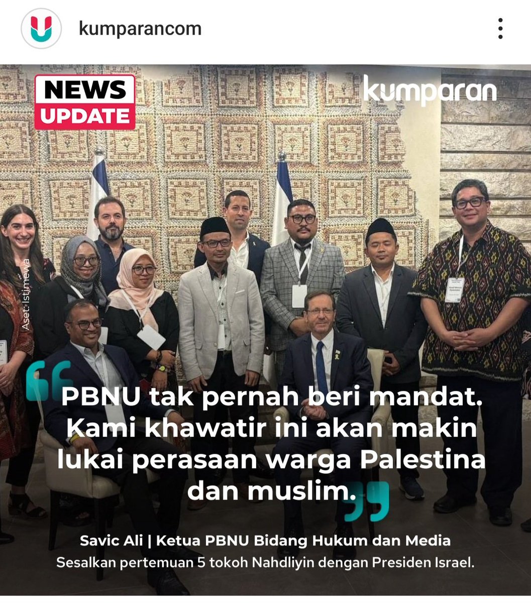 Pertemuan ini benar2 melukai perasaan semua org, terutama warga Palestina, yg sdg berjuang melawan kolonialisme Israel &amp; genosida Israel di Gaza yg masih berlangsung hingga sekarang. Sebagai manusia, warga NU &amp; ketua <a href="/partai_hijau/">Partai Hijau Indonesia</a> sy kan menanggapinya dalam beberapa poin. 

Utas