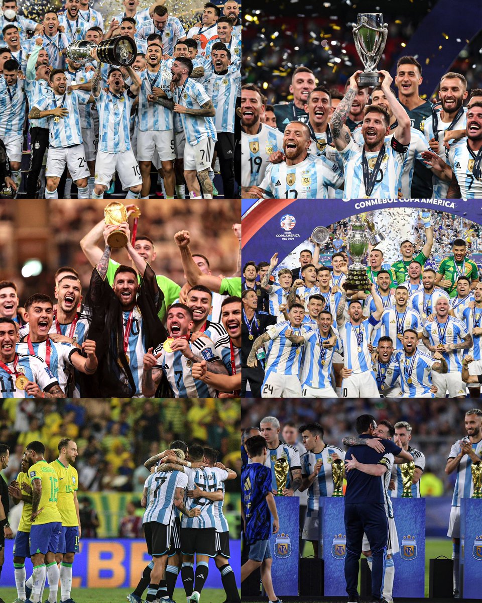 La Selección Argentina de Fútbol, de 2021 a 2024:

🏆 CAMPEÓN DE AMÉRICA 2021, vs Brasil en el Maracaná.
🏆 CAMPEÓN FINALISSIMA 2022, vs Italia.
🏆 CAMPEÓN MUNDIAL 2022, vs Francia.
🏆 CAMPEÓN DE AMÉRICA 2024, vs Colombia.
✅ El 2° INVICTO MÁS LARGO (36) en la HISTORIA de las