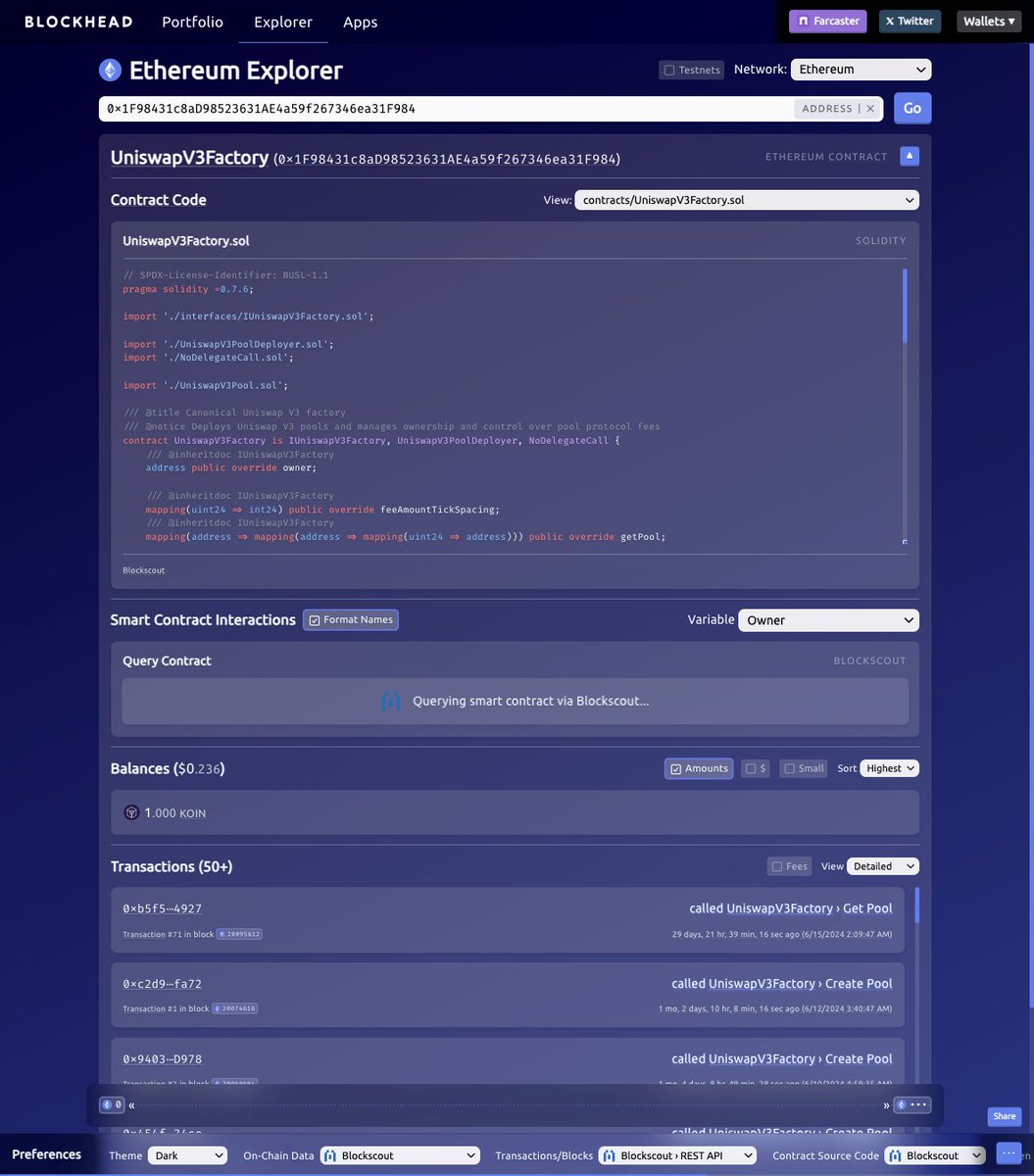 Added the ability to query blocks, txs and smart contract source code via @blockscoutcom in <a href="/0xBlockhead/">Blockhead・Web3 Browser/Explorer</a>.

Pleasantly surprised to see support for REST, GraphQL, Ethereum JSON-RPC AND <a href="/etherscan/">etherscan.eth</a>-compatible APIs in one place. Very handy.

Open-source Ethereum infra for the win. 🛠️