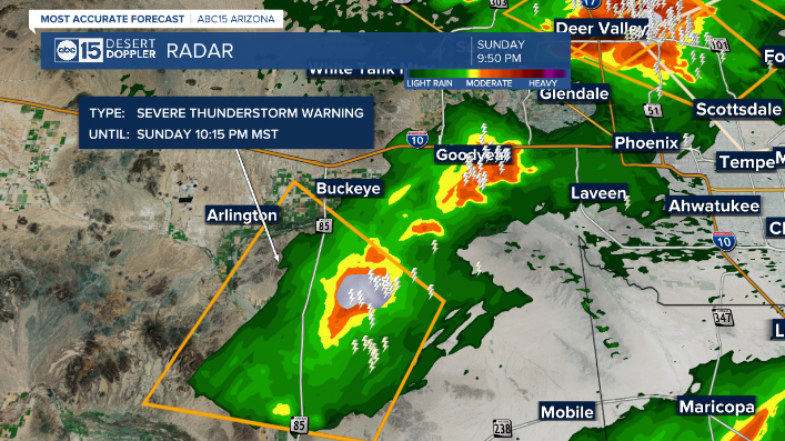 Severe Thunderstorm Warning just south of Buckeye along Hwy 85 until 10:15 pm - doppler indicating strong gusty winds, heavy rain, small hail and lightning  in that area -potential for  flooding on roadways