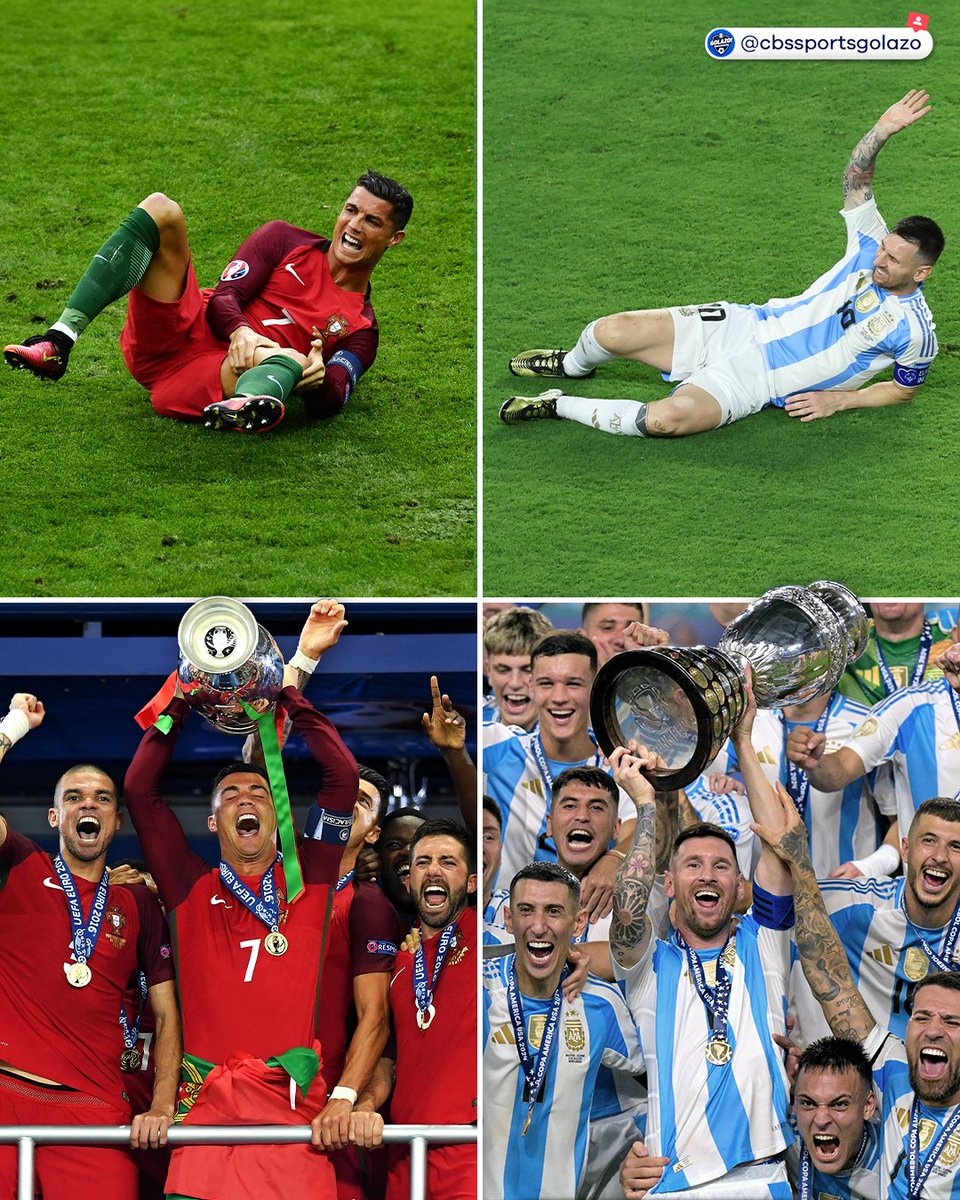 CBSSportsGolazo's tweet photo. 2016: Ronaldo leaves EURO Final with injury, Portugal wins 1-0 in ET 🏆

2024: Messi leaves Copa América Final with injury, Argentina wins 1-0 in ET 🏆

Can't keep a 🐐 down https://t.co/x8cc8Q2WIJ