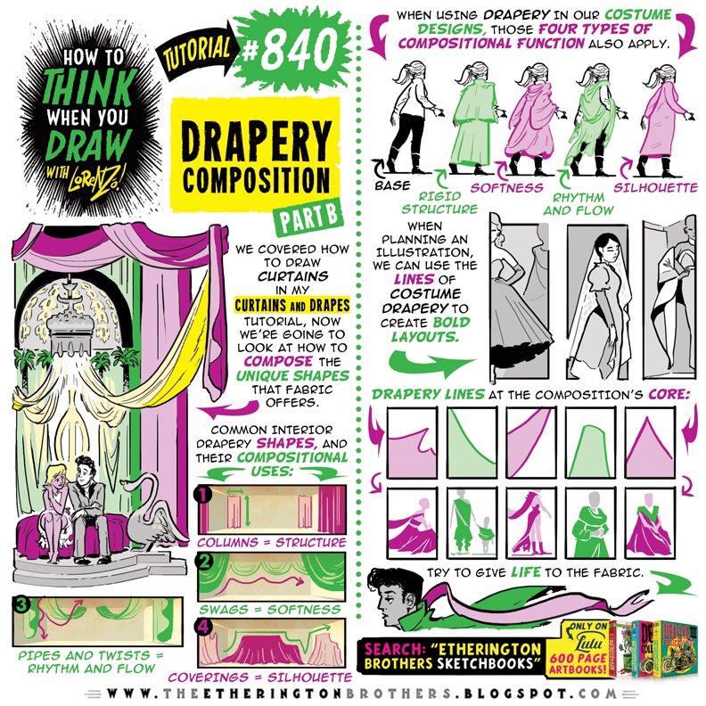 DRAPERY COMPOSITION Pt 2 from the How to THINK When You Draw ENCYCLOPEDIA - the world’s ONLY encyclopedia of drawing tutorials, posted up FREE for EVERYONE, FOREVER, with NEW &amp; CLASSIC tutorials coming up EVERY DAY right here :)
#gamedev #manga #conceptart #illustration
