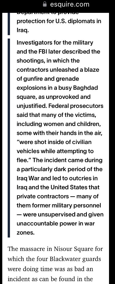 HeatherMoAndCo's tweet photo. Remember this? When Trump, on his way out the door with only a month left, pardoned #ErikPrince’s murderous war criminals? Those are not the actions of anyone who cares about “law & order” or justice. https://t.co/gjhU3NTNnK #LawlessGOP #BlackWater https://t.co/yGJJfQRHFw