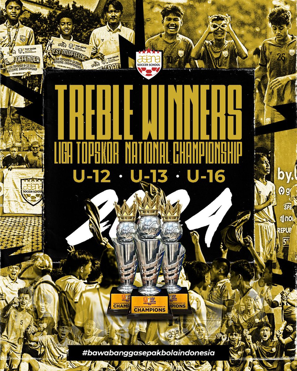 𝗧𝗿𝗲𝗯𝗹𝗲 𝘄𝗶𝗻𝗻𝗲𝗿𝘀 𝗼𝗳 𝗧𝗦𝗡𝗖 𝟮𝟰🏆

Asiana Soccer School berhasil juara di setiap kategori umur yang diikuti dalam gelaran Top Skor National Championship 2024. Melalui kelompok umur U-12, U-13, dan U-16.

#Asianasoccerschool
#BawabanggasepakbolaIndonesia