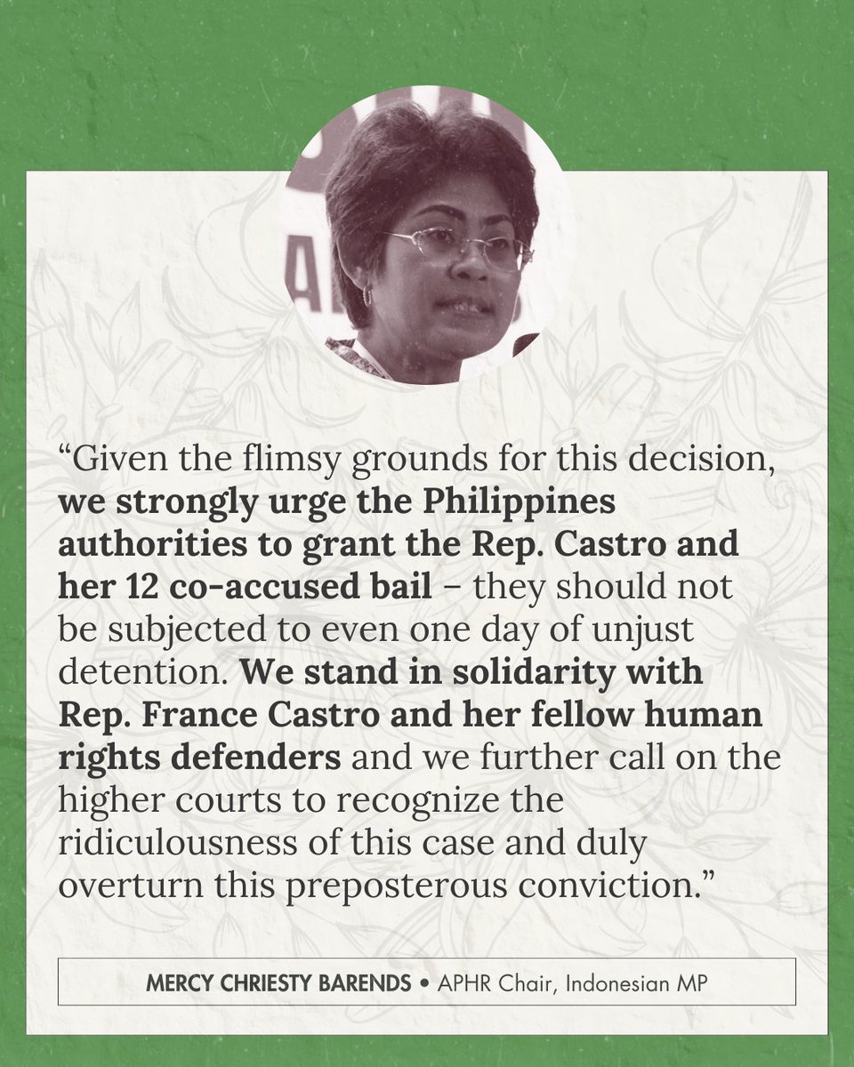 “We strongly urge the Philippines authorities to grant Rep. Castro and her co-accused bail. We further call on the higher courts to recognize the ridiculousness of this case and duly overturn this preposterous conviction,” said Barends. <a href="/MCB_DPRRI/">Mercy Ch. Barends</a> <a href="/repfrancecastro/">France L. Castro</a>