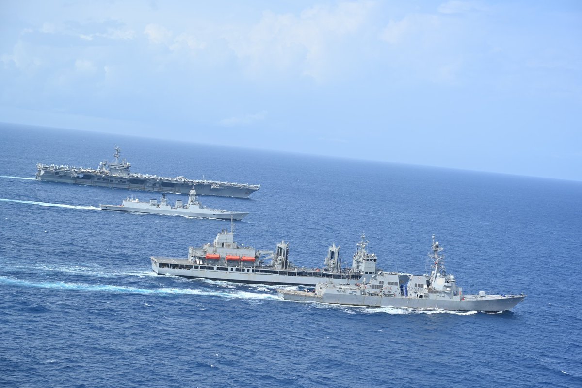 DDNewslive's tweet photo. .@indiannavy ships #INSAditya & #INSVisakhapatnam undertook Maritime Partnership Exercise #MPX with the US Naval Carrier Strike Group comprising @USNavy
ships USS Theodore Roosevelt & USS Daniel Inouye in the Arabian Sea on 12 July.
#BridgesofFriendship https://t.co/qFs2WWXgoY