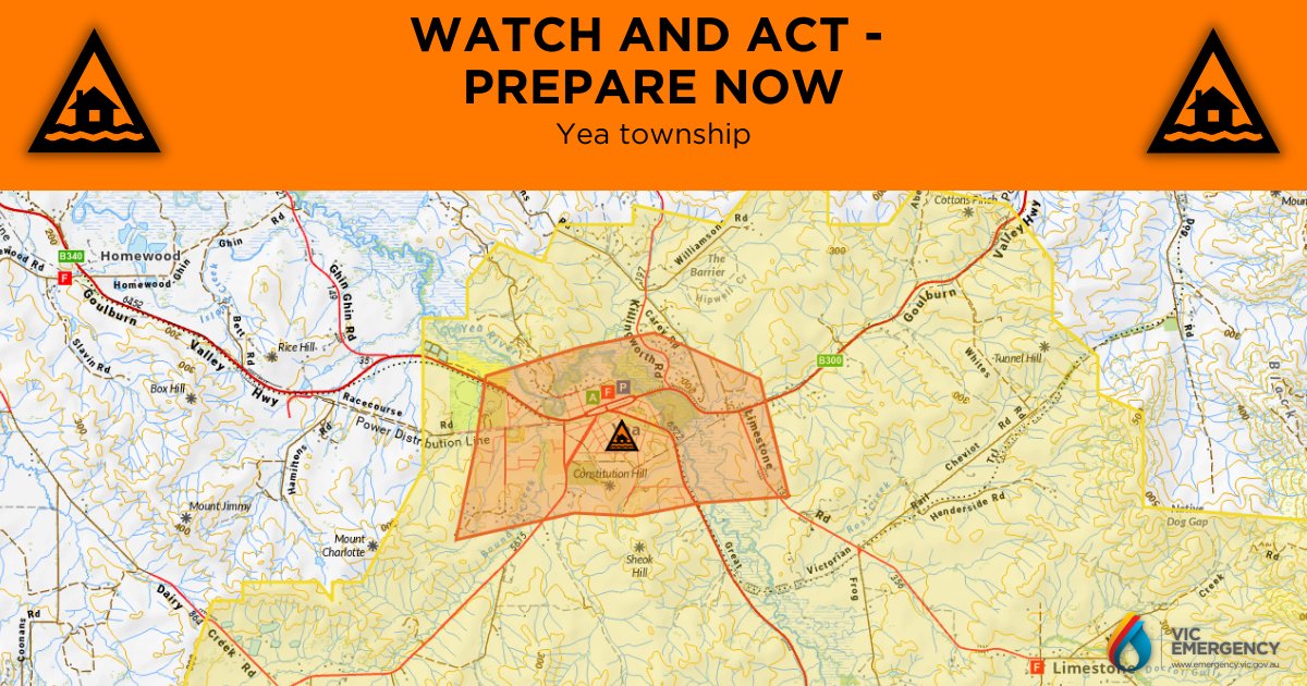This Watch and Act - Prepare Now is issued for Yea township. 

Prepare for flooding now. Take action to protect your life and property against potential hazards caused by flooding.

More information: emergency.vic.gov.au/respond/#!/war…