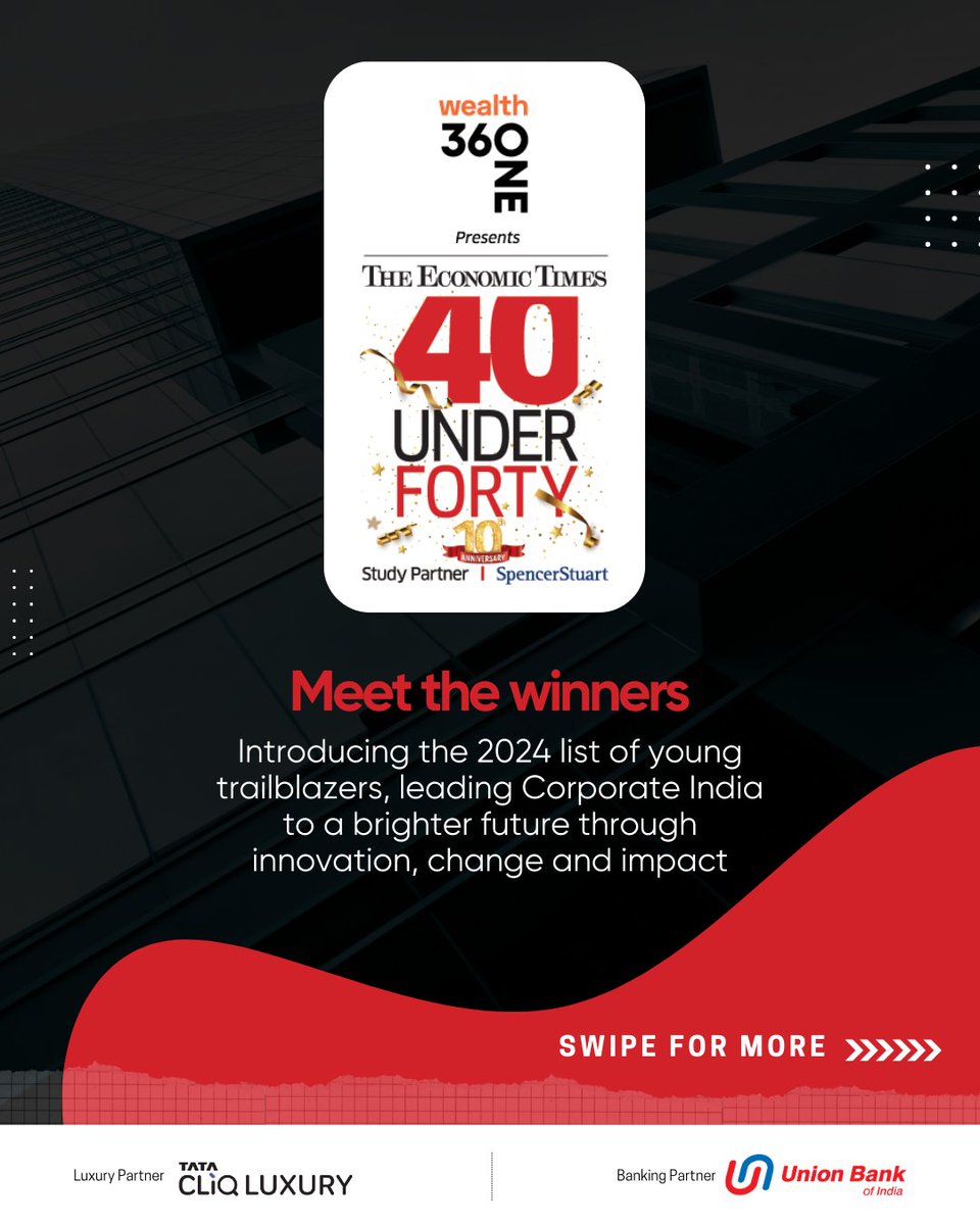 ETFrontRow's tweet photo. Announcing the winners of the 10th edition of The Economic Times 40 Under Forty - India's hottest future leaders!
To learn more visit, https://t.co/fjMevCpX82
@360ONEWealth @UnionBankTweets @TATACLiQLuxury https://t.co/yeOiDHbHws