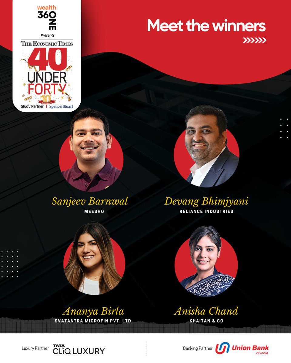 ETFrontRow's tweet photo. Announcing the winners of the 10th edition of The Economic Times 40 Under Forty - India's hottest future leaders!
To learn more visit, https://t.co/fjMevCpX82
@360ONEWealth @UnionBankTweets @TATACLiQLuxury https://t.co/yeOiDHbHws