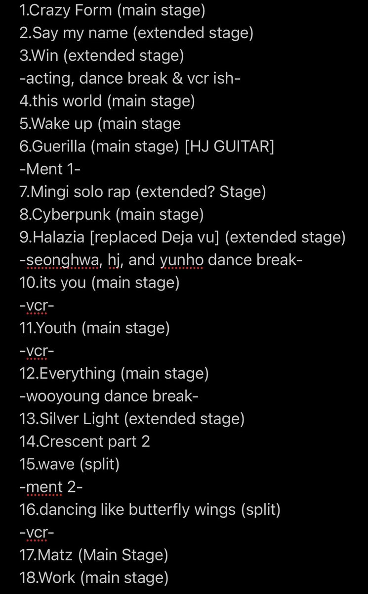 cinnamons410's tweet photo. Final ateez U.S. tour setlist with stage placements! 
#ATEEZTOUR #ATEEZ https://t.co/24oF3KhXu2
