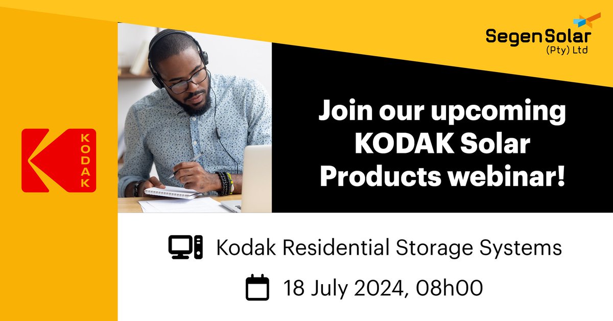 SegenSolar's tweet photo. Learn all you need to know about @KodakSolarZA’s residential #PVBatteries and inverters in our upcoming #Webinar!​

​📅 18 July 2024, 08h00​

​Register your attendance for free to discover product USPs, installation hints and more: https://t.co/3Jd6EYSGVV. https://t.co/gaCYluEYJf