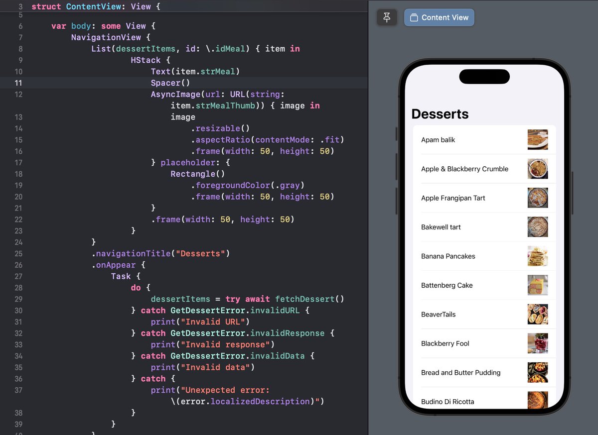 keyedupdev's tweet image. 32/#100DaysOfCode - Wow, finally figured out how to get more than one item in a list! API's are so confusing. 🥲 Learned a little about the .onAppear modifier and Task