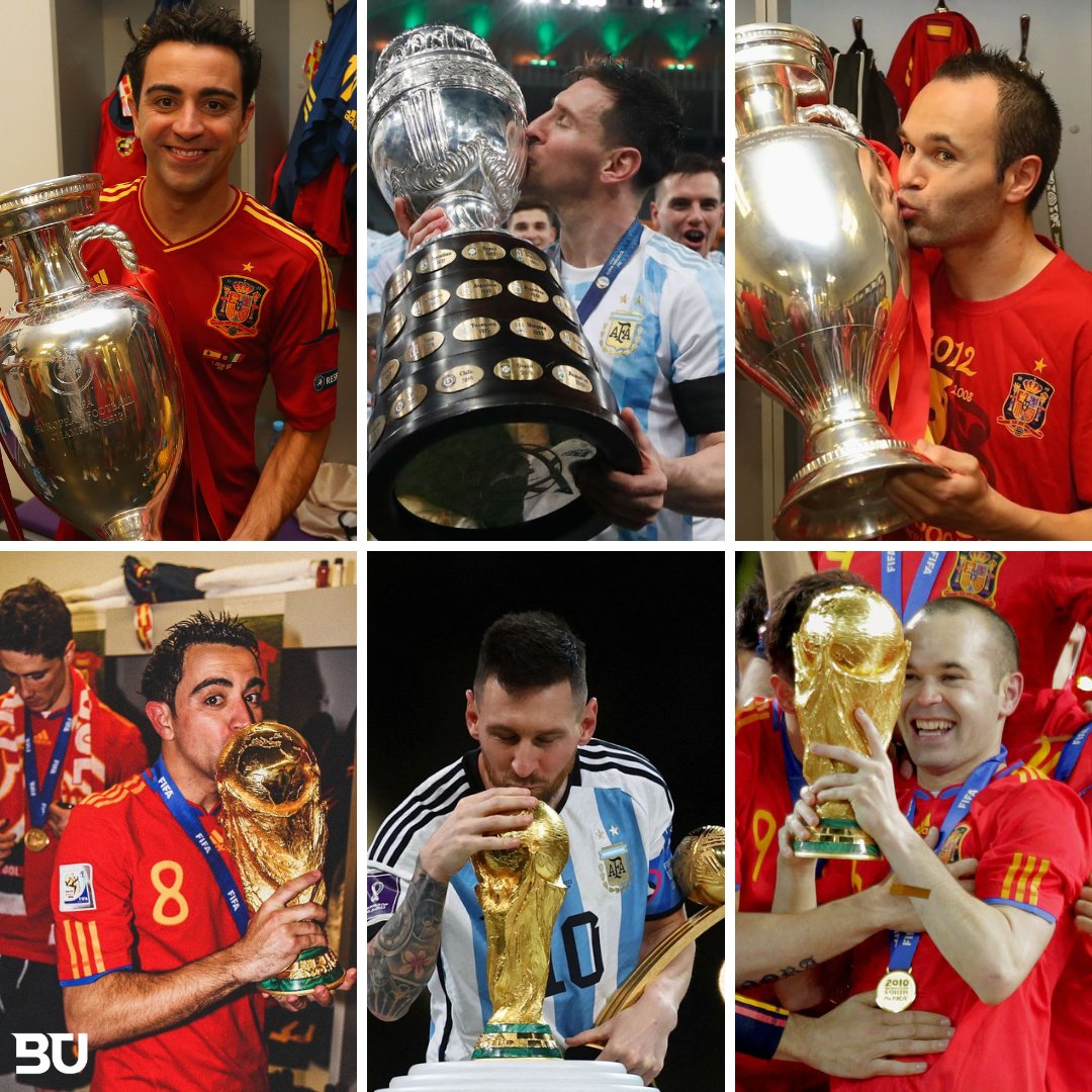 Full cycle completed for this iconic trio:

- Xavi: 2 EURO, 1 World Cup

- Messi: 2 Copa América, 1 World Cup

- Iniesta: 2 EURO, 1 World Cup
