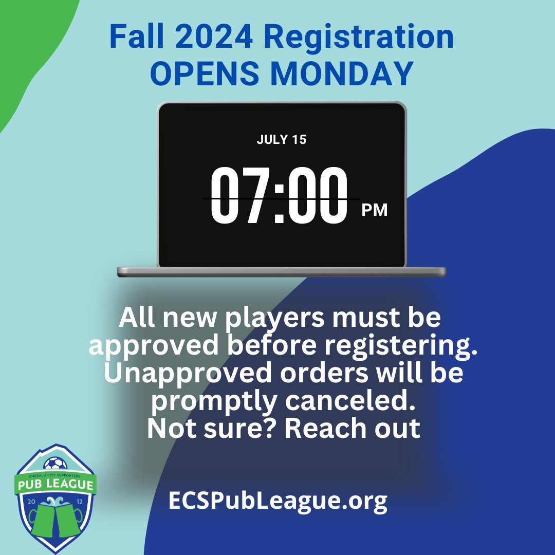 Registration for the fall season opens Monday July 15 at 7:00PM ecspubleague.org/register

All new players must be approved to register. Unapproved orders will be promptly refunded. Not sure? Reach out.