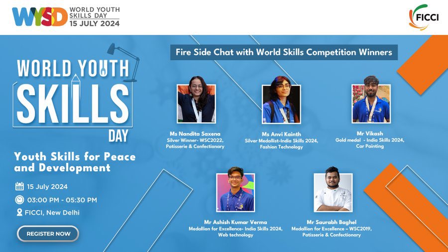 On the occasion of #WorldYouthSkillsDay, Join us for a fireside chat with World Skills Champion winners at Federation House, New Delhi.

 #WYSD2024 #YouthforPeace
 
<a href="/jayantrld/">Jayant Singh</a> <a href="/DGT_MSDE/">Directorate General of Training (DGT)</a> <a href="/MSDESkillIndia/">Skill India</a> <a href="/WorldSkillsInd/">Worldskills India</a> <a href="/UNEVOC/">UNESCO-UNEVOC #education #skills #training</a> <a href="/NCVETIndia/">NCVET India</a> <a href="/NSDCIndia/">NSDC India</a> <a href="/RicaNDTV/">Rica Roy</a> <a href="/swatcat86/">RJ Swati</a>